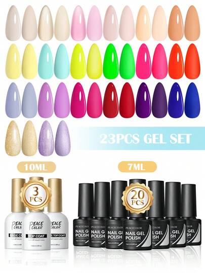 peacecolor 23PCS Gel Nai Polish Set, Neon Soak Off Nail Gel Polish And Base Top Coat, Long Lasting Glossy Shine, For Women DIY Nail Salon Gifts