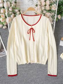 Women's Spring/Summer Korean Style Knit Cardigan | Lightweight Open Front Sweater With Color-Contrasting Drawstring Details, Soft & Comfortable Openwork Knit Fabric Creates A Relaxed, Sweet Style - Apricot - View 4