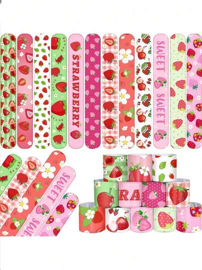 12 piezas Pulseras de golpe con diseño de fresa como recuerdo de fiesta, decoraciones de fiesta de primer cumpleaños con jugo de fresa, fiesta de bienvenida con tema de fresa, fiesta de primer cumpleaños dulce con tema de fresa, fiesta de verano con tema de fresa