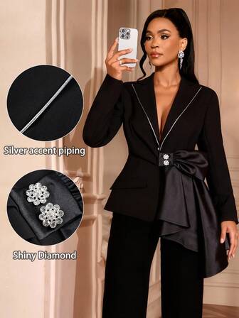 Damska elegancka czarna marynarka z długim rękawem i głębokim dekoltem w serek, satynową kokardą i kryształowymi guzikami, na eleganckie przyjęcie koktajlowe