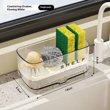 1个多功能水槽架，带沥水架和毛巾架 - 无需用电，台面收纳，适用于海绵、肥皂、刷子、抹布、厨房水槽配件、洗碗布架，设计紧凑，易于清洁，塑料材质，海绵架，皂液器支架，小空间生活，繁忙家庭。