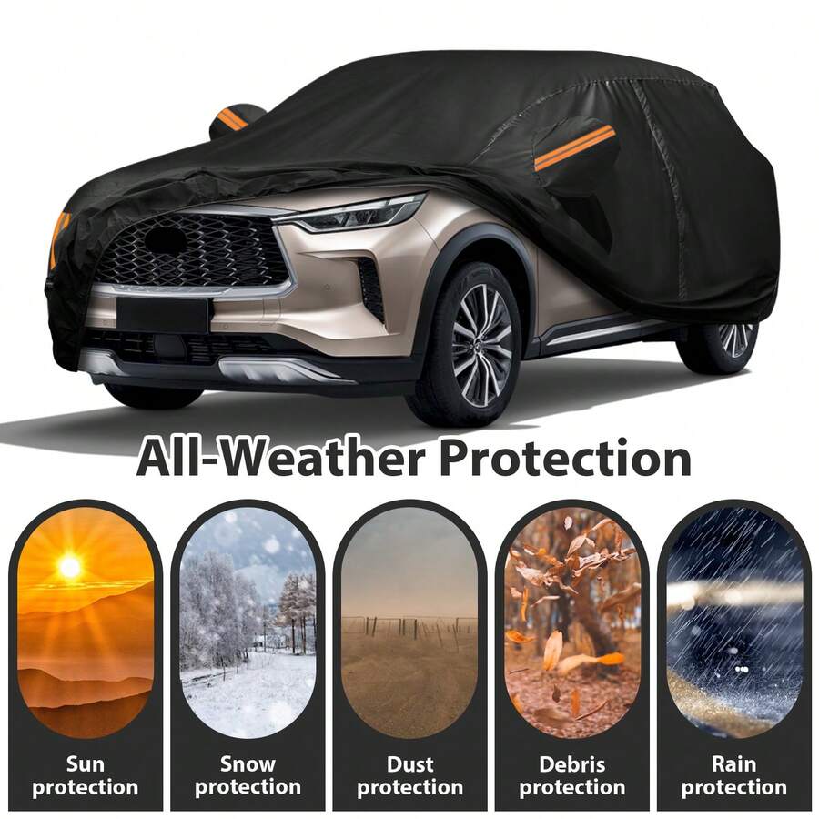 Black Car Cover With Zipper, Featuring Orange Reflective Strips, Easy To Install, Portable, Scratch-Resistant, Sun-Proof, Suitable For SUVs. - Black - View 1