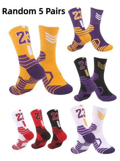 5双/套随机颜色情侣款卡通篮球图案中长袜，款式时尚，适合健身，秋季