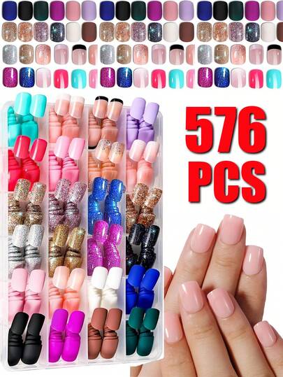 576pcs Nail Sticker Set, 24 Colors, Matte, Glossy And Glitter Acrylic False Nails, Full Coverage, Square, Mixed Colors, Solid Glitter And French Design, Short Length, Perfect Gift For Women And Girls, Nail Art Accessories