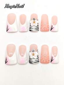 10pcs Handmade Nail Art Stickers, 33mm Long Duck Mouth Shape, Alternating Peach, White, Pink Colors, 3D Raised White Flower Decor, Hand-Painted Black Lines. Cute Nail Decals Suitable For Casual, Holiday, Party, Performance Occasions. Nails Nail Supplies - Multicolor - View 1