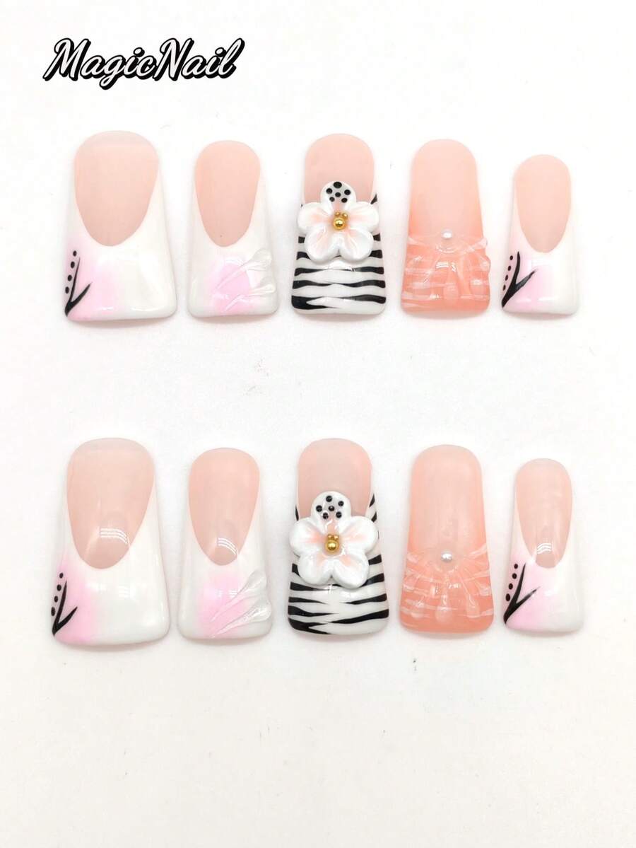 10pcs Handmade Nail Art Stickers, 33mm Long Duck Mouth Shape, Alternating Peach, White, Pink Colors, 3D Raised White Flower Decor, Hand-Painted Black Lines. Cute Nail Decals Suitable For Casual, Holiday, Party, Performance Occasions. Nails Nail Supplies - Multicolor - View 1