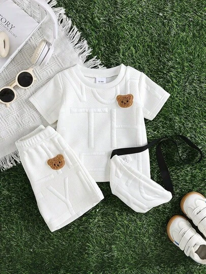 3pcs Baby Boy Knitted Jacquard Casual Short Sleeve Top, Shorts And Pouch Decorative Set, Suitable For Everyday Casual Wear, Spring/Summer
