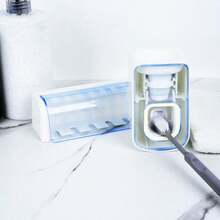 5 Slots Wall Mount Toothbrush Holder With Cover Self Adhesive Toothbrush Storage Organizer For Shower Toothbrush Hanger With Automatic Toothpaste Squeezer Dispenser - 白色+藍色組合 - 查看 5