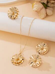 1 Set de joyería para mujer que incluye 1 par de collar colgante geométrico con textura dorada creativa, 1 par de aretes, 1 anillo - Amarillo Oro - Ver 2