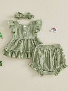 Baby Girls Summer Clothing Set Fashionable Cute Solid Color Flying Sleeve Smocked Tops With Shorts 2Pcs Outfit - Army Green - View 2