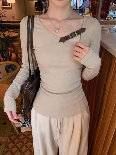 女士休闲纯色斜肩纽扣衬衫