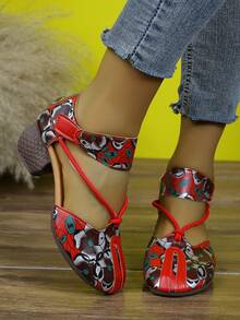 女士复古鞋，春夏款，厚底一脚蹬高跟鞋，镂空印花凉鞋，妈妈鞋，高跟凉鞋，魔术贴搭扣 - 紅色 - 查看 5