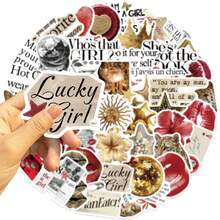 50pcs Gold Lucky Girl Stickers, Decorative For Skateboard, Guitar, Luggage, Laptop, Phone Case, DIY Graffiti Stickers Scrapbook Supplies Scrapbook Stationery - Multicolor - View 7