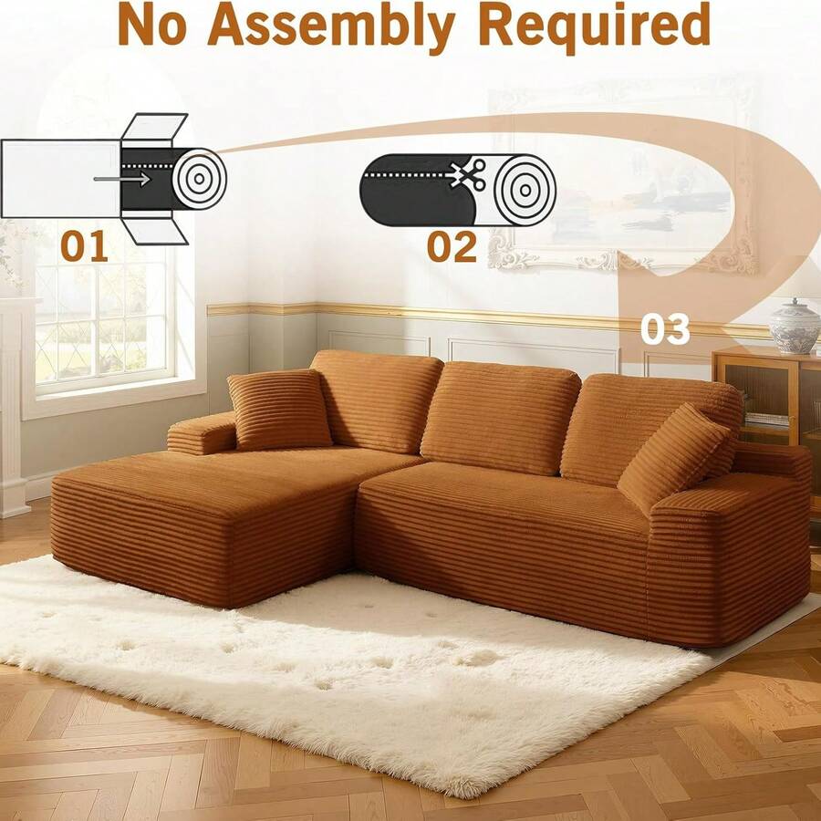 109.4" L-Shaped Boneless Sofa, Modern Corduroy Sofa, Modular Sectional Sofa With Deep Seat, Chaise Lounge Sofa For Living Room And Office, Living Room Furniture, No Assembly Required - 橘色 - 查看 1
