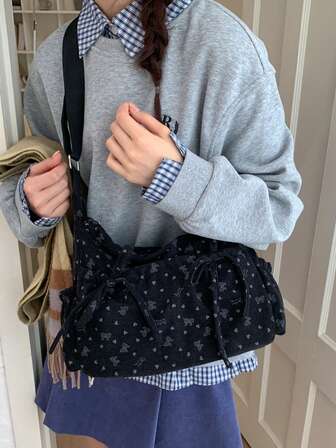 Dammode i manchester med axelrem och knytdekor, heltäckande tryck, justerbar lång axelrem, avslappnad för vardagsbruk och pendling