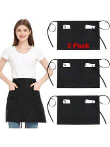 3 Piezas Delantales Corto de Cintura con 3 Bolsillos, Impermeable Chef Delantal Negro para Hombres y Mujeres, Delantal de Cocina Camarero Ajustable para Restaurante Cafetería - Negro - 70x46 cm - Ver 1