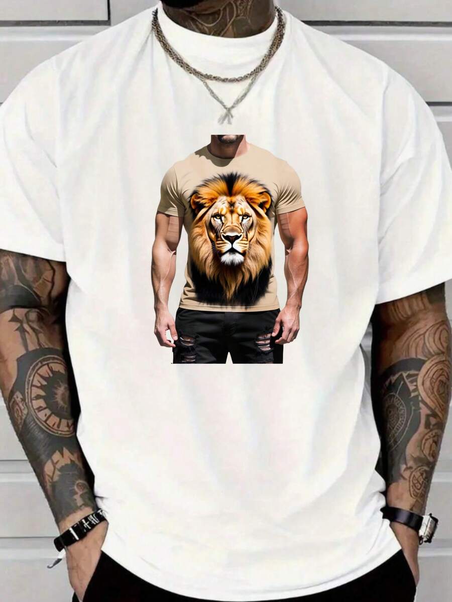 Cabeza de León en Cuerpo Musculoso de Hombre Impreso Diseño exquisito nacional hombres playeras ropa de verano mujer camiseta redondo minimalista casual estilo versátil ropa de hombre Camiseta en blanco Camiseta color negro envio nacional camisetas para hombre ropa para hombre ropa hombre tops de mujer Camiseta unisex tops camiseta linda hombres baggy camiseta Camiseta estampada - Blanco - Ver 1