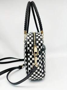 Vegen Leather Checkered Crossbody Bag For Women Small Cute Vegan Leather Purses Boho Shoulder Plaid Handbags Top Handle Satchel Bag Wide Strap Woven Bum Bag |   Stylish Woven Crossbody Bag Adjustable Strap For Travel Festivals & Everyda PU Leather Checkered Clutch Purses Underarm Shoulder Handbag - 杏白格子 - 查看 7