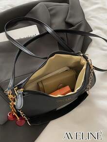 2026 New Fashion Classic Versatile Letter Graphic Decor Solid Color Waterproof PU Fabric Shoulder Bag/Crossbody Bag, Suitable For Shopping, Foldable - 黑色 - 查看 10