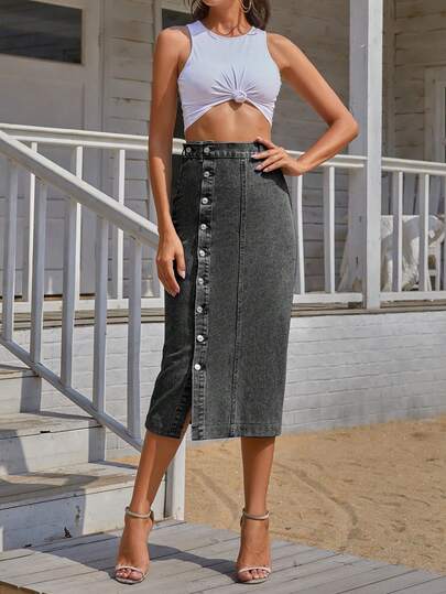 Falda vaquera con botones delanteros asimétrica para mujeres, casual, elegante, adecuada para uso casual, citas, vacaciones, hogar, diario, viajes, aeropuerto