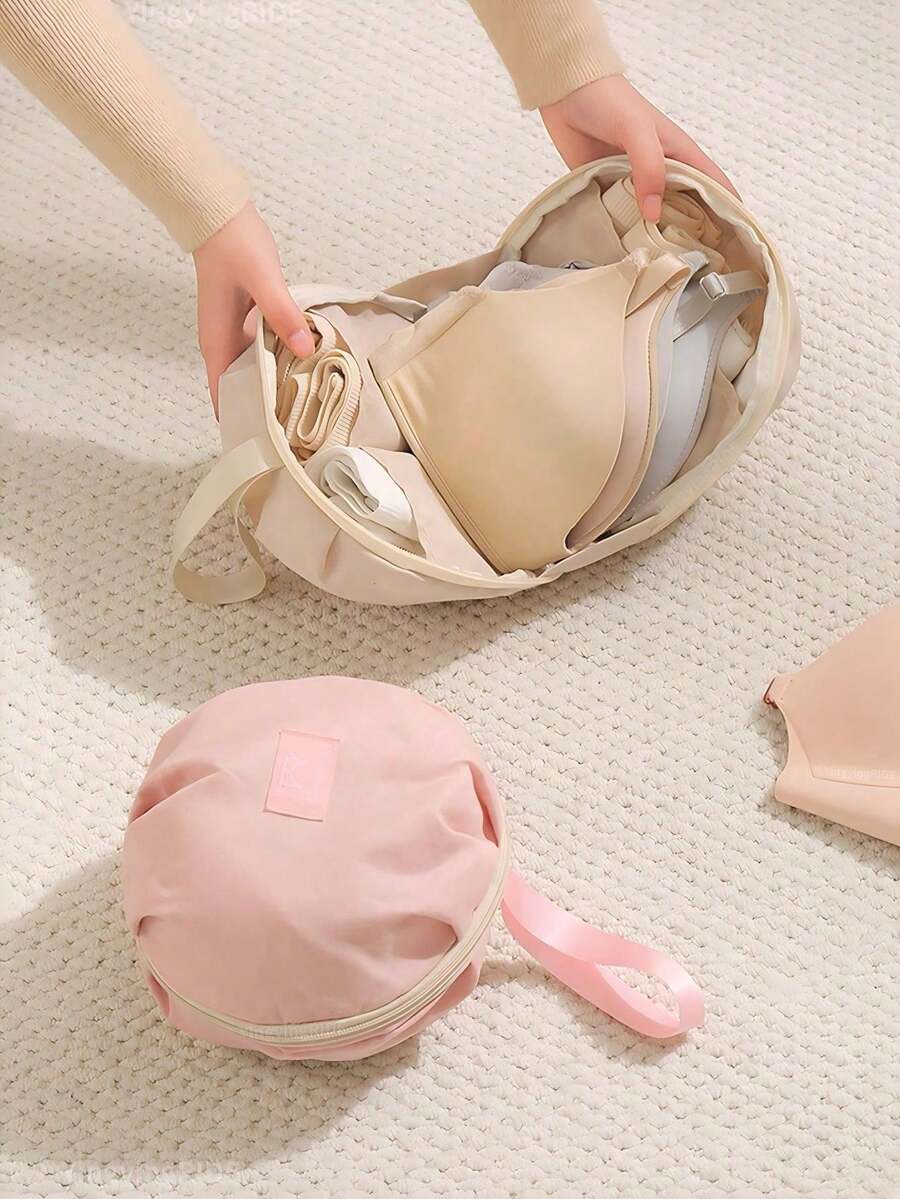 1pc Honey Girl Style Bra Storage Bag, Lightweight And Easy To Carry, Multi-Compartment Design, Efficient Storage For Bras And Panties, Can Be Handheld Or Hung, Ideal For Travel And Home Organization, Beige, Zipper Closure, Bra Storage Bag - Hồng - Xem 1