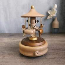 Handcrafted solid wood music box with carousel and animals - winding mechanism, lullaby melody, retro decoration - wood grain birthday gift (no batteries required) - 木の色 - チェックする 3