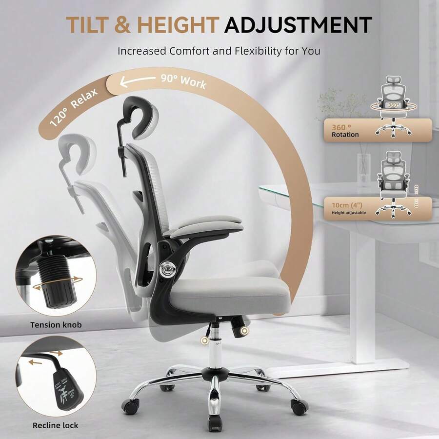 Silla de Oficina ergonómica, Silla de computadora de Malla para el hogar, con Ruedas, Silla de Juegos de computadora de Respaldo Alto con reposacabezas Ajustable, sillas de Trabajo giratorias para el - Gris - Ver 1