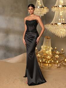 Faeriesty 黑色无肩带及地晚礼服，缀饰上衣，光滑缎面裙摆，高开衩设计，紧身廓形——优雅性感风格，是婚礼、正式晚宴、红毯活动和颁奖典礼的理想之选。 - 黑色 - 查看 1