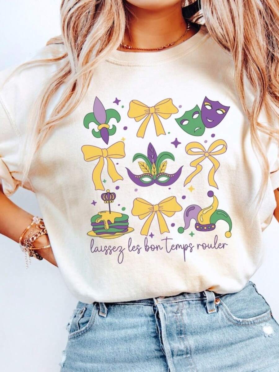 Mardi Gras Shirt ® Women Laissez Les Bon Temps Rouler Mardi Gras Clothing Mardi Gras 2026 Louisiana Shirt Mardi Gras Diva NOLA, 100% Cotton Oversized Short Sleeve Classic Heavy Cotton T Shirt Printed Graphic Tee Women's Casual Short-Sleeved Top - 白色 - 查看 1