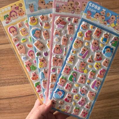 4张水豚和泰迪熊3D卡通泡泡贴纸，可爱装饰贴纸，适合儿童和剪贴簿使用