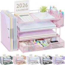 Gianotter Desk Organizers And Accessories With File Holder, 4-Tier Desk Accessories & Workspace Organizers With Drawer And 2 Pen Holder, Paper Organizer For Office Supplies (Pink) - 粉色 - 查看 1
