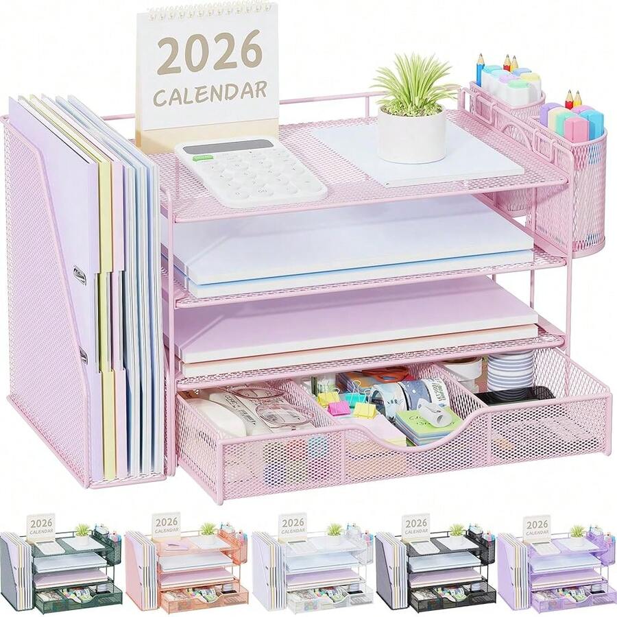 Gianotter Desk Organizers And Accessories With File Holder, 4-Tier Desk Accessories & Workspace Organizers With Drawer And 2 Pen Holder, Paper Organizer For Office Supplies (Pink) - 粉色 - 查看 1