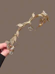 Crystal Leaves Crown Headband Full Of Diamonds, Vintage Fairy Princess Jewelry, Suitable For Bridal Wedding - Gold - View 2