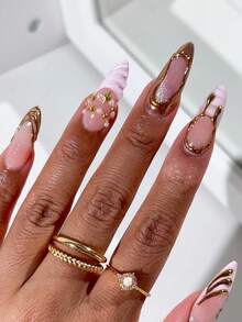 Y2K Heavy Metal Acrylic Nail Art 24Pcs Stiletto Press On Nail Tips, DIY Art Metal Chrome/White Beads/Gold Beads Decorative Accessories 3D Fake Nail Set, Suitable For Nail Salons, Women's Daily Wear, Holiday Parties, And Gift Giving - Multicolor - View 1