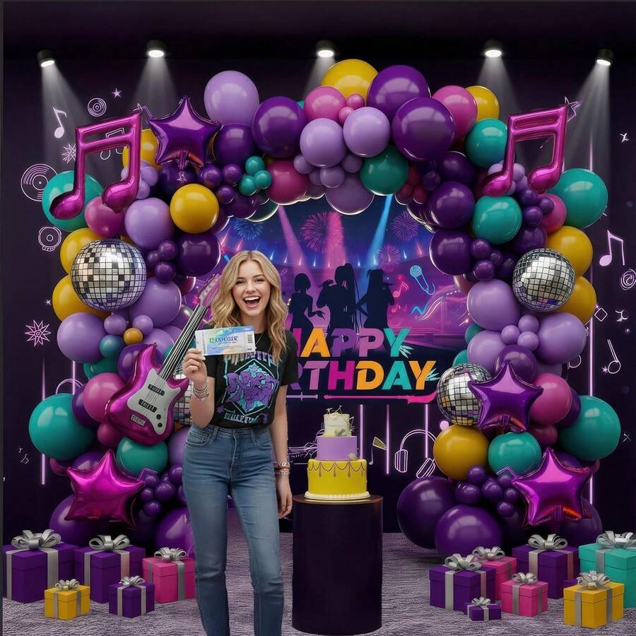 This 144-Piece Music Hunter KPOP-Themed Balloon Arch Decoration Set Includes Disco Star-Shaped Polyester Film Balloons With Musical Symbols. Suitable For Birthday Parties, Y2K Music Events, Movie/TV Drama Fan Gatherings, And Other Occasions Themed Around Korean Pop Music. - 彩色 - 查看 1