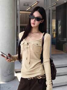 女士长袖T恤，修身轻盈，独特设计，适合秋冬季叠穿 - 杏色 - 查看 4