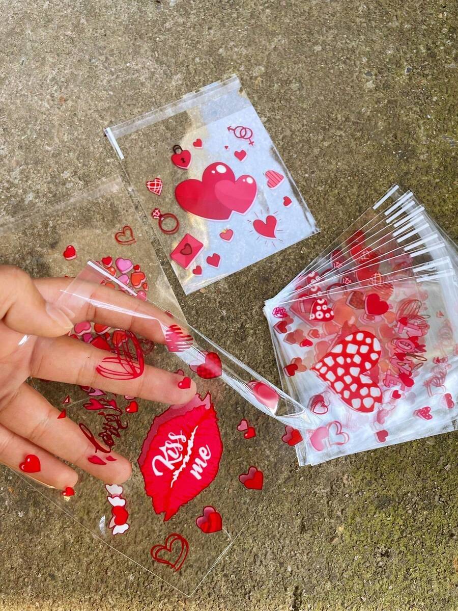 100pcs Red Heart Printed Gift OPP Bags, Valentine's Day, Mother's Day, Wedding Theme Party, Couples, Lovers Gift Wrapping Sealing Bags, Suitable For Theme Party Promotion Gifts - 紅色 - 查看 1