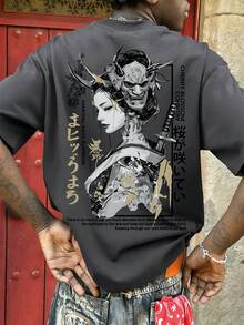 Men's Japanese Geisha Hannya Mask Graphic T-Shirt Summer Casual Fashion Streetwear Short Sleeve Tee Double Sided Print Dark Fantasy Samurai Art Harajuku Aesthetic Cotton Feel - Dark Grey - View 1