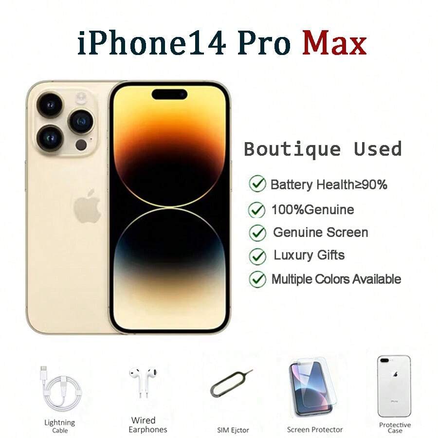 Apple 二手苹果 iPhone 14 Pro Max，A+ 级，95% 新，6.7 英寸屏幕，状态良好，旗舰级长焦摄像头，双卡双待，高性能，可选颜色：深紫色、太空黑色、银色、金色 - 金色 - 查看 1