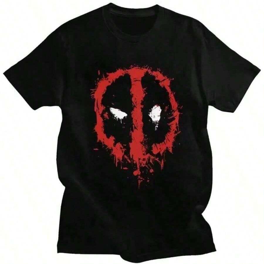Deadpool Kawaii Splatter T-Shirt Men Cotton Casual Slim Fit Summer Tee - 黑色 - 查看 1