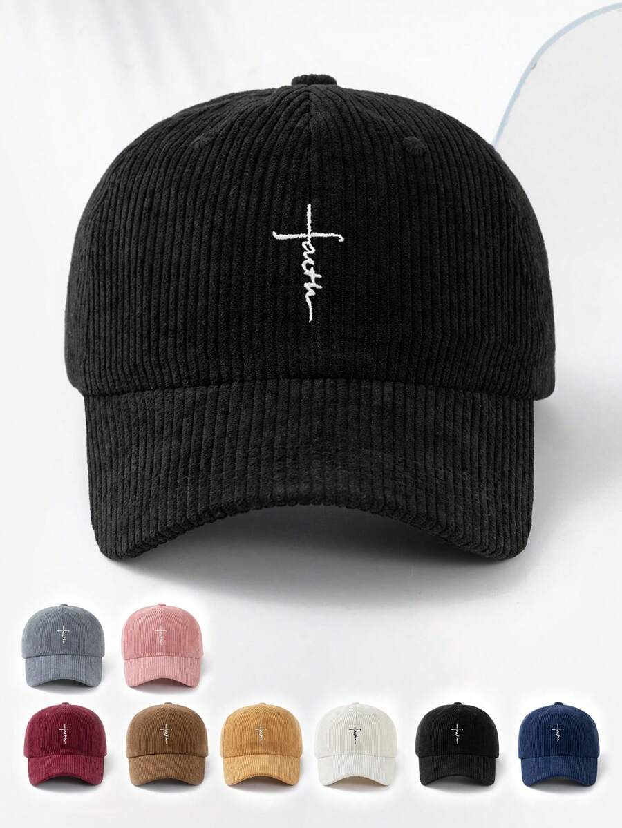 1 pièce Casquette de baseball unisexe en velours côtelé style rétro avec fine broderie en croix. Casquette de baseball réglable pour l'automne/l'hiver, idéale pour un usage quotidien, la course, les sports, les vacances, les activités extérieures et les passionnés. - A - Voir 1