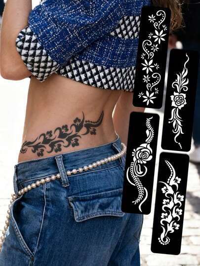 Hana Hand Drawn Tattoo Hollow Template Minimalism Hana Bride Elegant Lace Mandala Flower Pattern Sticker Suitable For Hands, Feet, Shoulders, Neck, Collarbone Semi Permanent Fake Tattoo Sticker 1 Pack