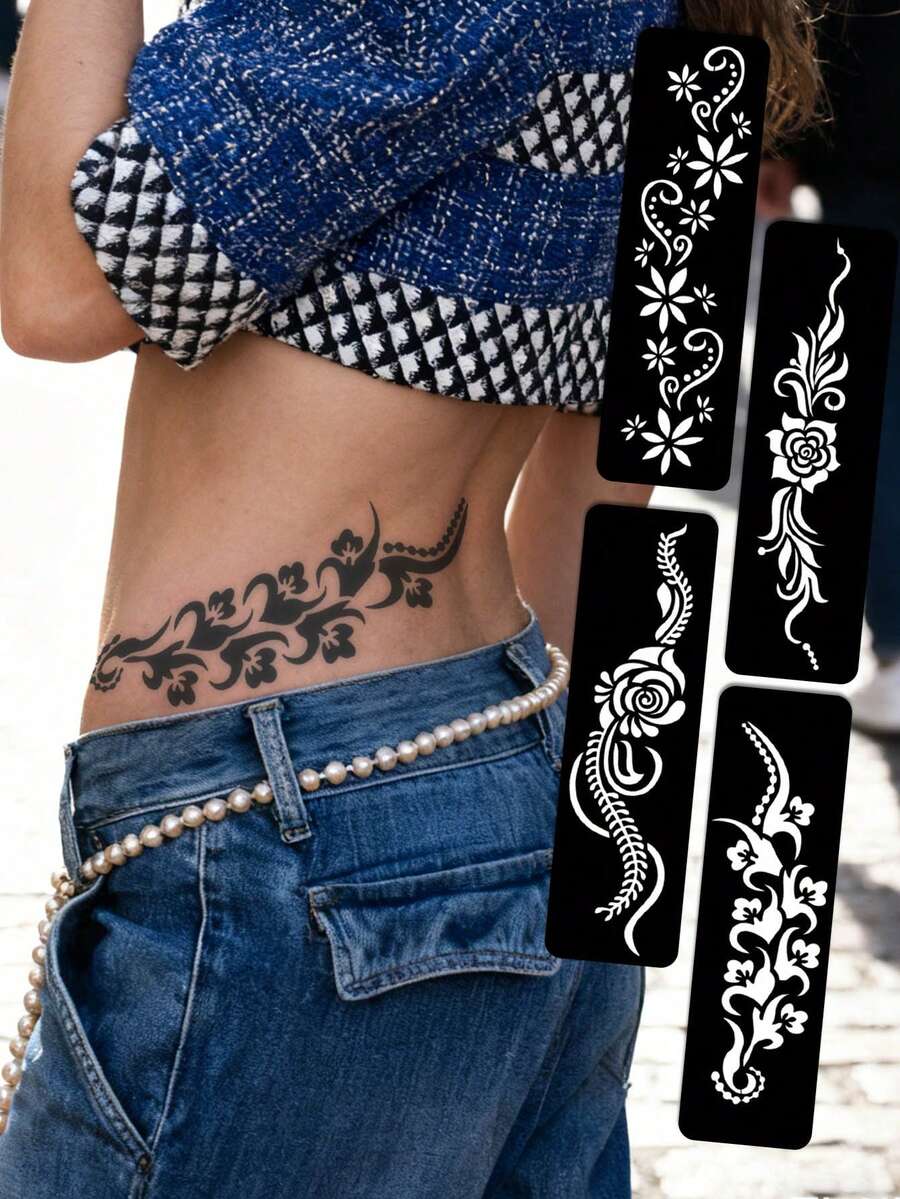 Hana Hand Drawn Tattoo Hollow Template Minimalism Hana Bride Elegant Lace Mandala Flower Pattern Sticker Suitable For Hands, Feet, Shoulders, Neck, Collarbone Semi Permanent Fake Tattoo Sticker 1 Pack - Black - View 1