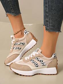 Women's Lightweight Running Sneakers - Lace-Up Closure, Multi-Functional Flat Sole, Breathable Fabric & Faux Leather Material - Leopard Print Apricot - View 3