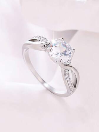 1 pieza Anillo de compromiso y boda para mujer con diseño de cruce, incrustado con circonita cúbica sintética redonda, accesorio de moda y elegante, adecuado para uso diario y boda/compromiso, un regalo ideal para mujeres