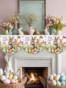 1pc, Easter Fireplace Scarf, Bunny Rabbits Eggs & Vibrant Flowers Design Mantel Cover, Easter Decorations For Home 2026, Festive Spring Holiday Decorative Runner, Seasonal Kitchen Dining Room Table Decor - Multicolor - View 9