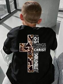 Tween Boy Cross & Letter Graphic Round Neck Short Sleeve T-Shirt - Black - View 1