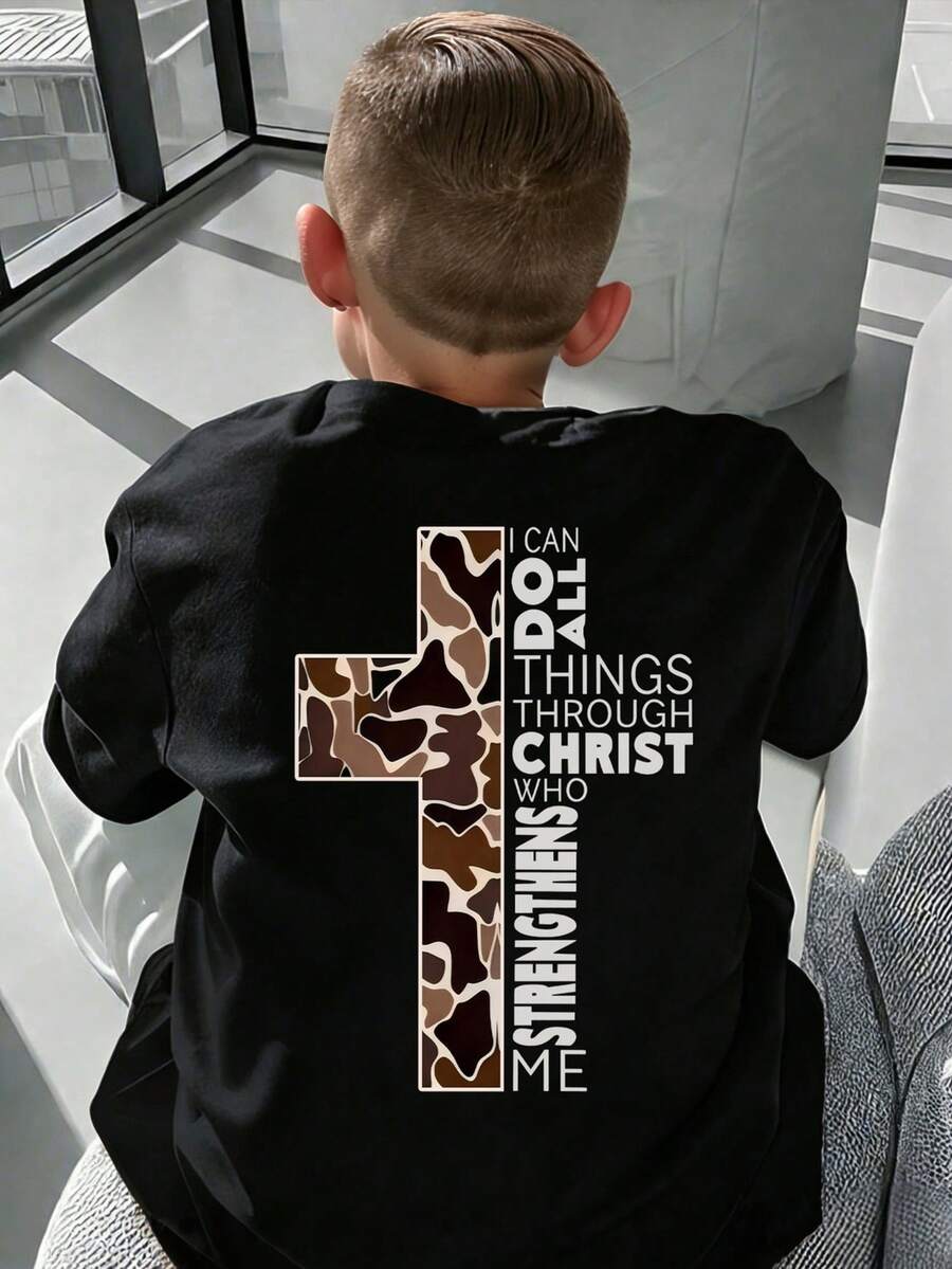 Tween Boy Cross & Letter Graphic Round Neck Short Sleeve T-Shirt - Black - View 1