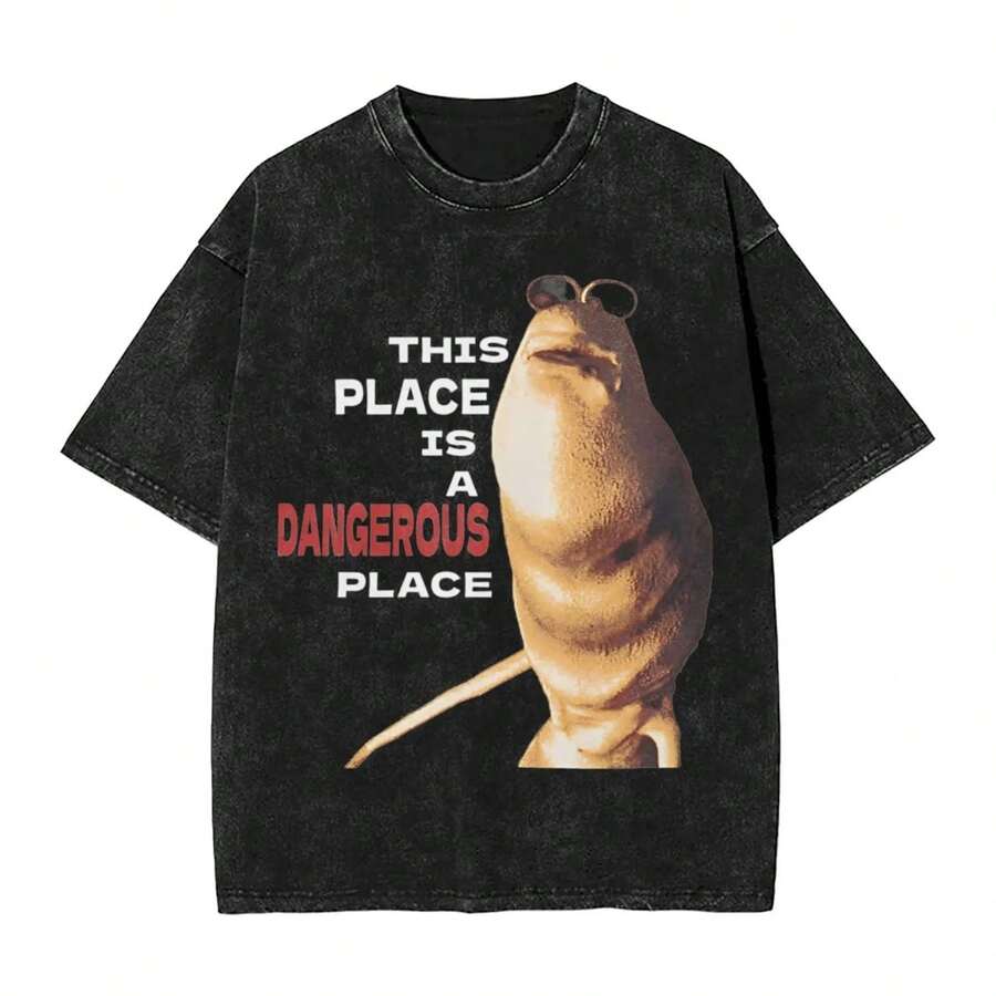 Dangerous Washed T Shirts Streetwear Hip Hop T-Shirt Marcus The Worm Meme Tees For Men Women Short Sleeve Oversize Summer - 黑色 - 查看 1