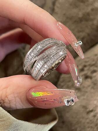 1pc Luxury Minimalist Twist Design Zirconia Adjustable Ring, Suitable For Women And Girls Everyday Wear